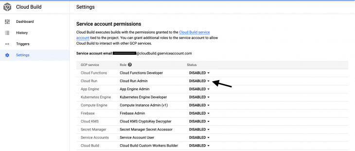 Service account permissions page with list of permissions for google cloud run. Arrow pointing at Cloud Run Admin permissions