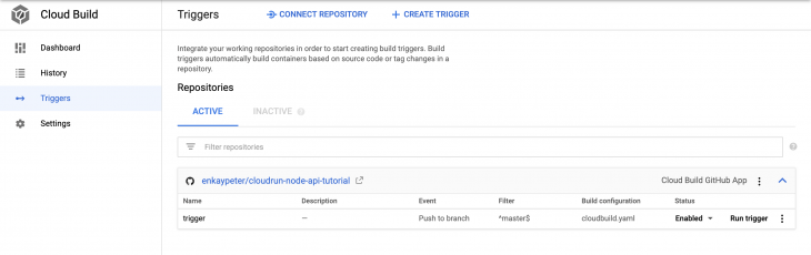 Trippers page in dashboard with node api github repo 