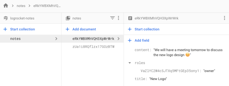 The admin console showing our Firebase notes.