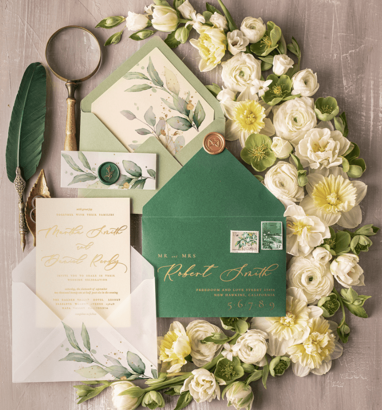 Greenery wedding invitations Gold Foil Calligrapy Wedding Invites with