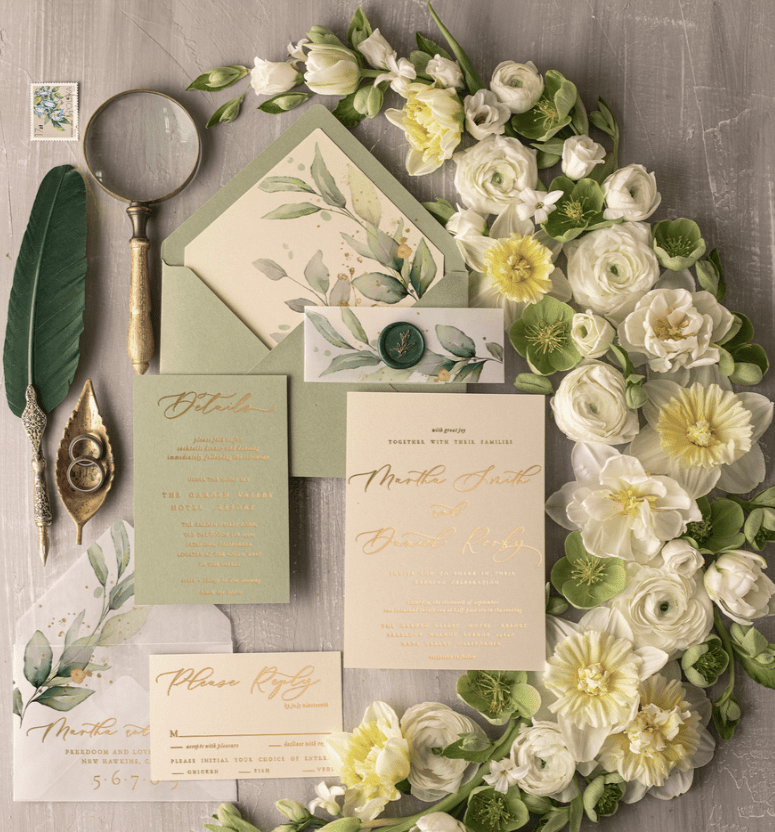 Greenery wedding invitations Gold Foil Calligrapy Wedding Invites with