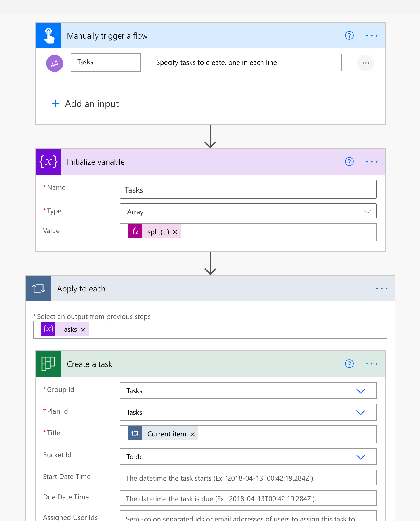 Bulkcreate Planner tasks with dates using Microsoft Power Automate