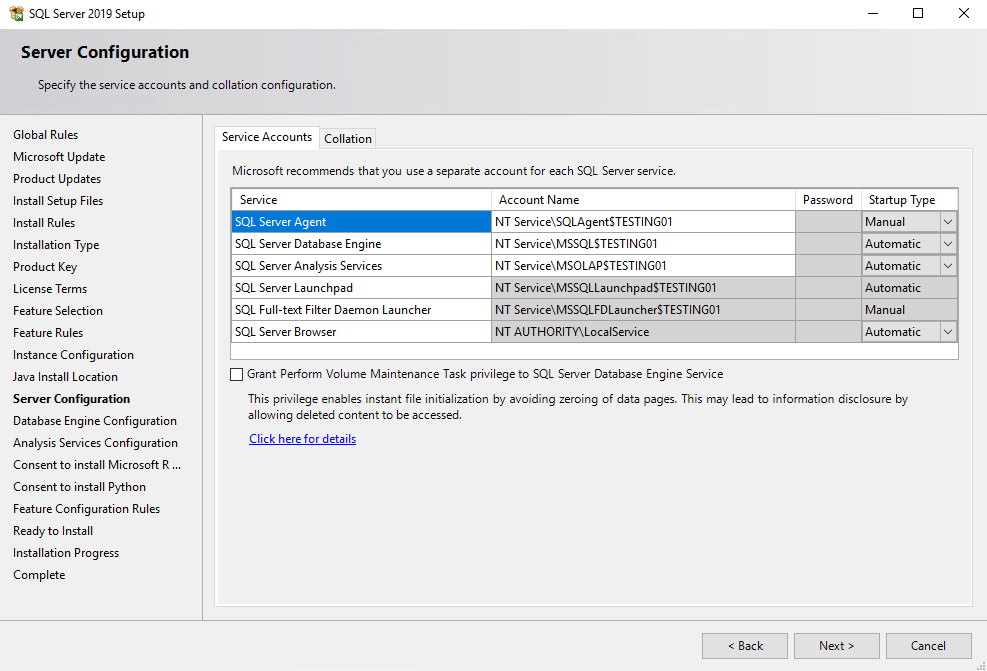 Configure Windows Service Accounts and Permissions exemplary on SQL