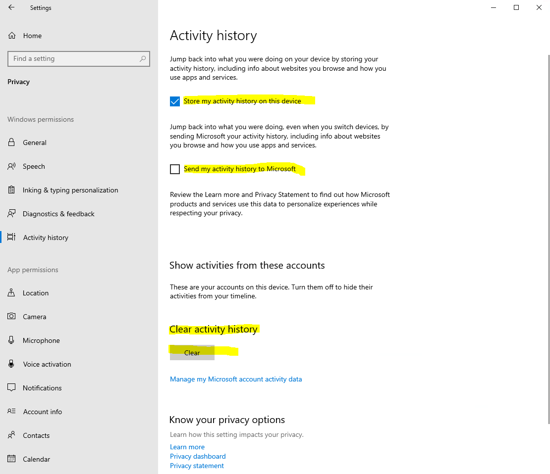 Window 10 Activity History How to View and Delete