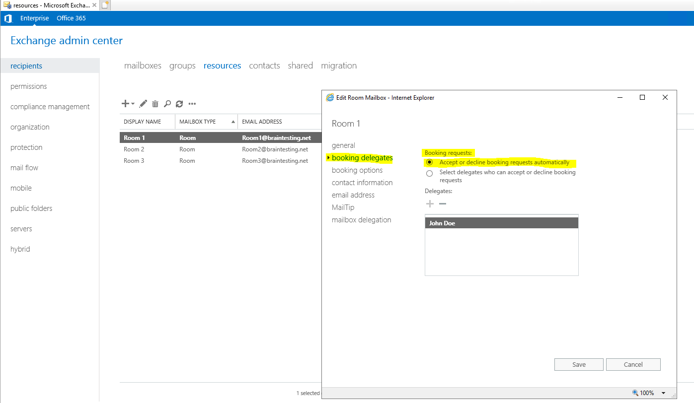 Enable External Users for booking and adding Exchange Room Calendars