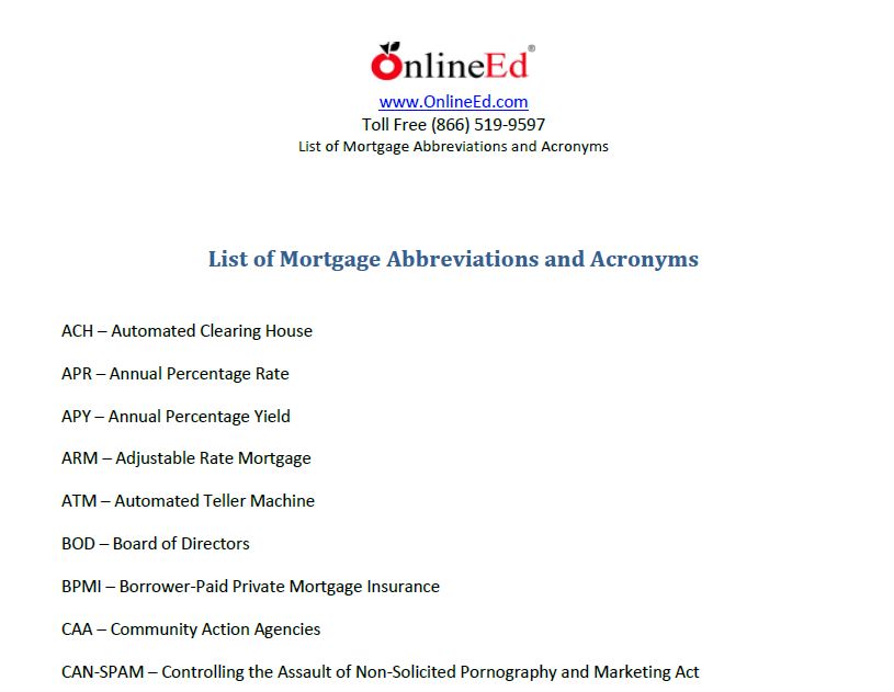 Free List of Mortgage Abbreviations and Acronymns OnlineEd Blog