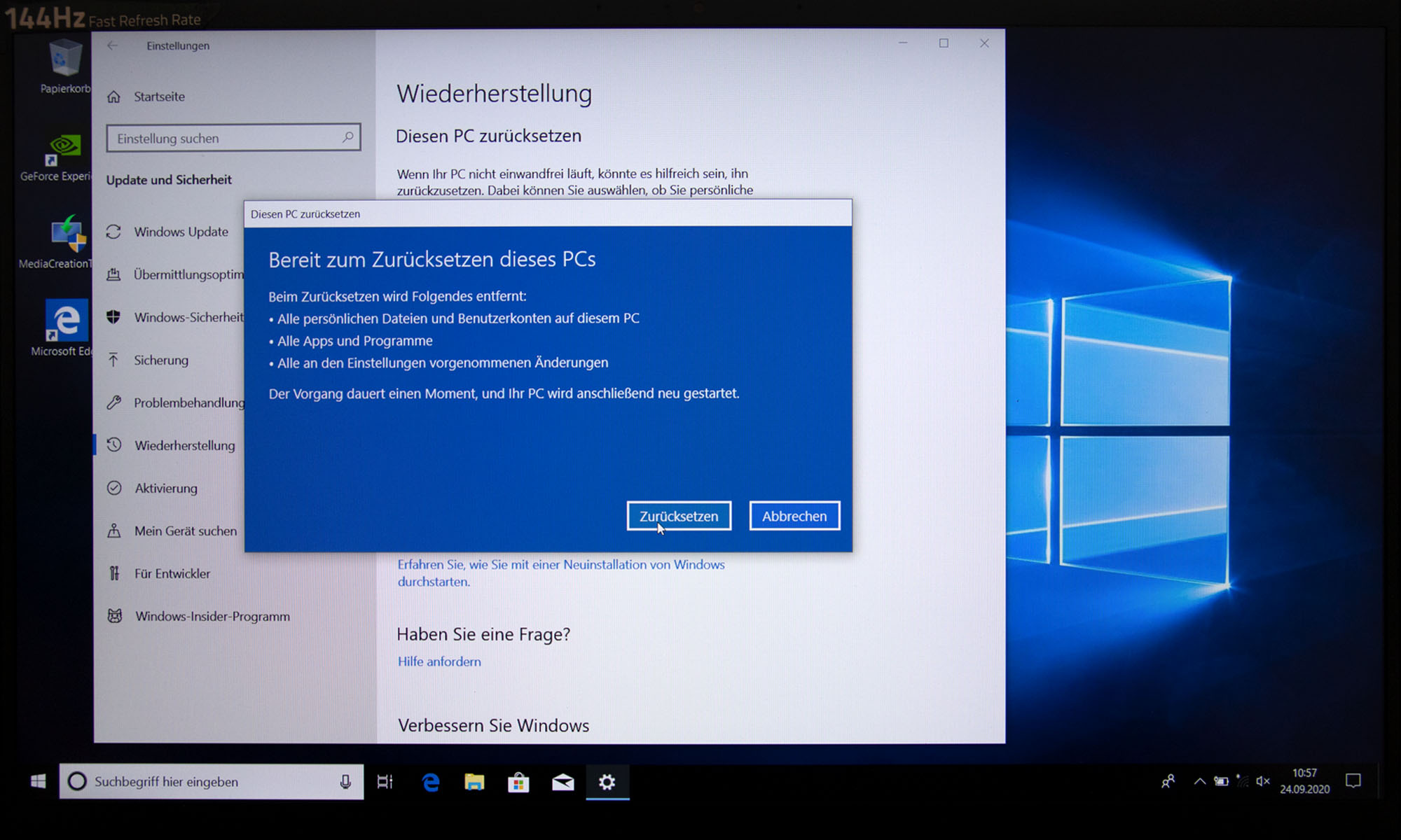 Aktualisieren, Zurücksetzen oder Wiederherstellen Ihres Windows.