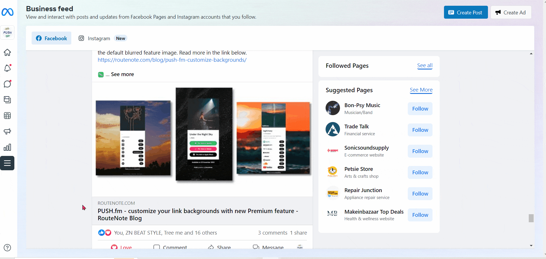 How to interact as a page on Facebook PUSH.fm