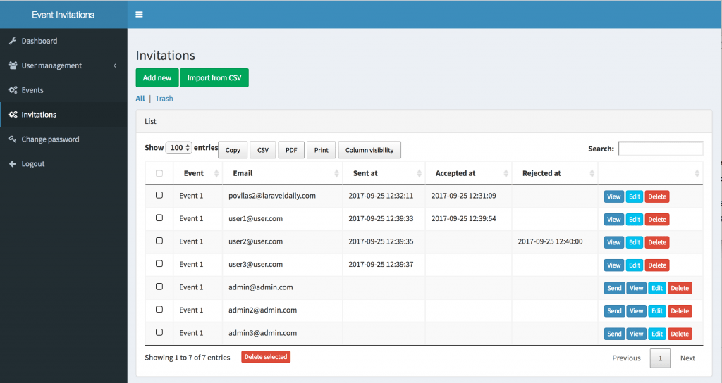 Example project Event Invitation system in Laravel 5.5 Quick Admin Panel