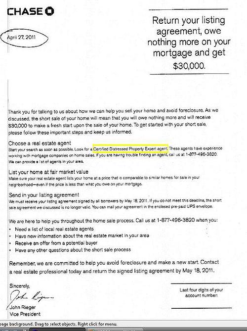 Chase Bank Short Sale Incentive Letter REOPro Real Estate Default