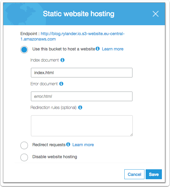 Setup Static site Hosting on Amazon S3 Bucket Lots of emryl