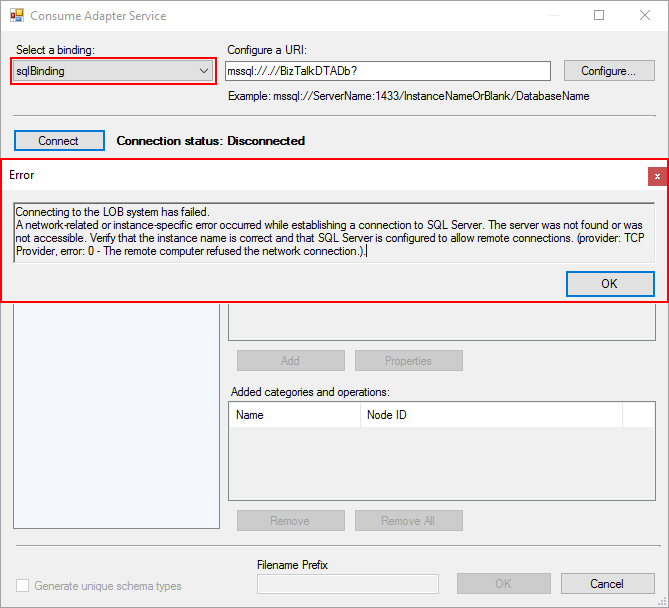 WCFSQL Adapter Connecting to the LOB system has failed. A network
