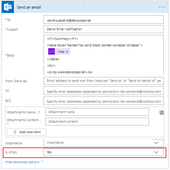 Microsoft Flow How to pass the SQL data table results in a Markdown