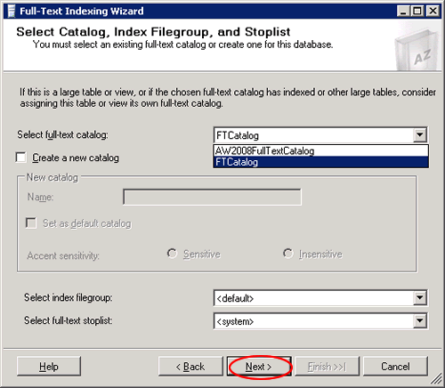 SQL SERVER 2008 Creating Full Text Catalog and Full Text Search