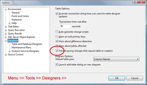 SQL SERVER Fix Management Studio Error Saving Changes in not