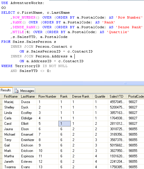 SQL SERVER 2005 Sample Example of RANKING Functions ROW_NUMBER