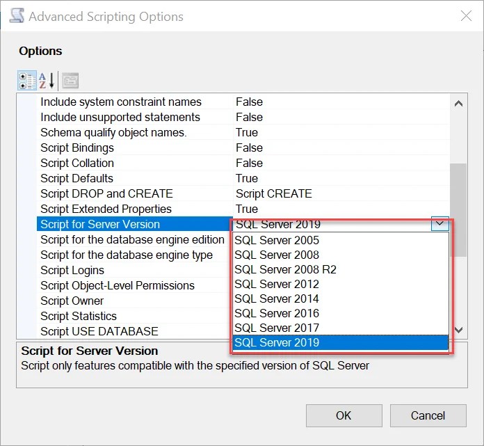 How to Generate Script for SQL Server 2005 from SQL Server 2019