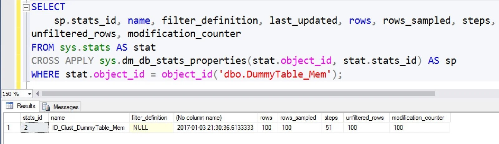 SQL SERVER Using dm_db_stats_properties With InMemory OLTP Tables