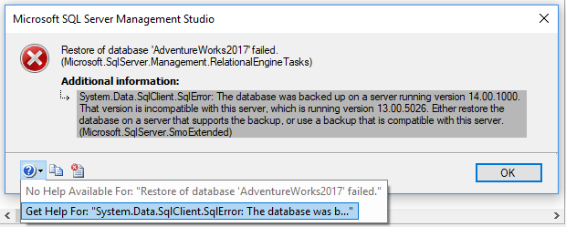 SSMS GUI error - get help 01