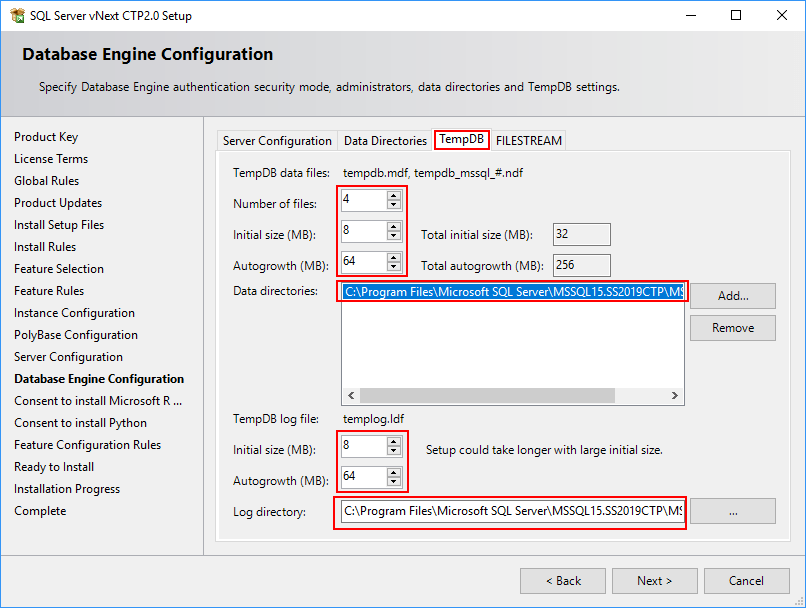 SQL Server 2019 Setup - Database Engine - TempDB