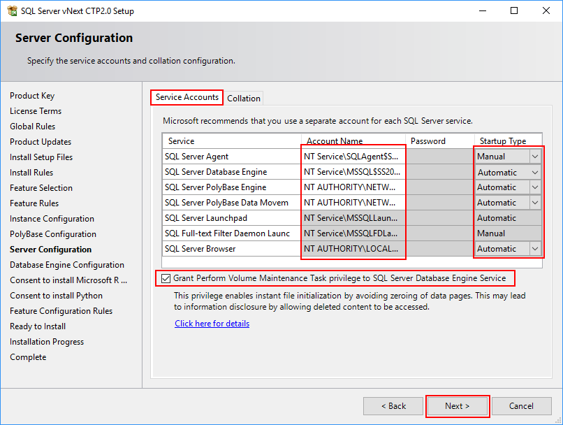 SQL Server 2019 Setup - Server Configuration - Service Accounts
