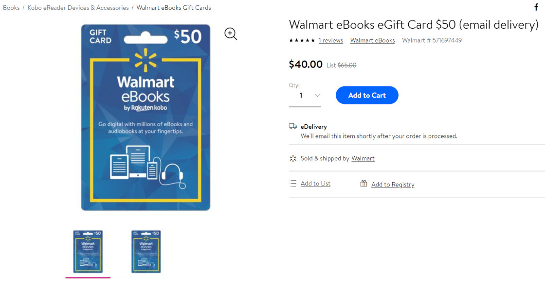 50 Walmart eBook Gift Card for Kobo eBooks On Sale for 40 The eBook