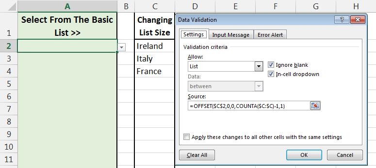 Image showing data validation rule that uses offset and counta functions