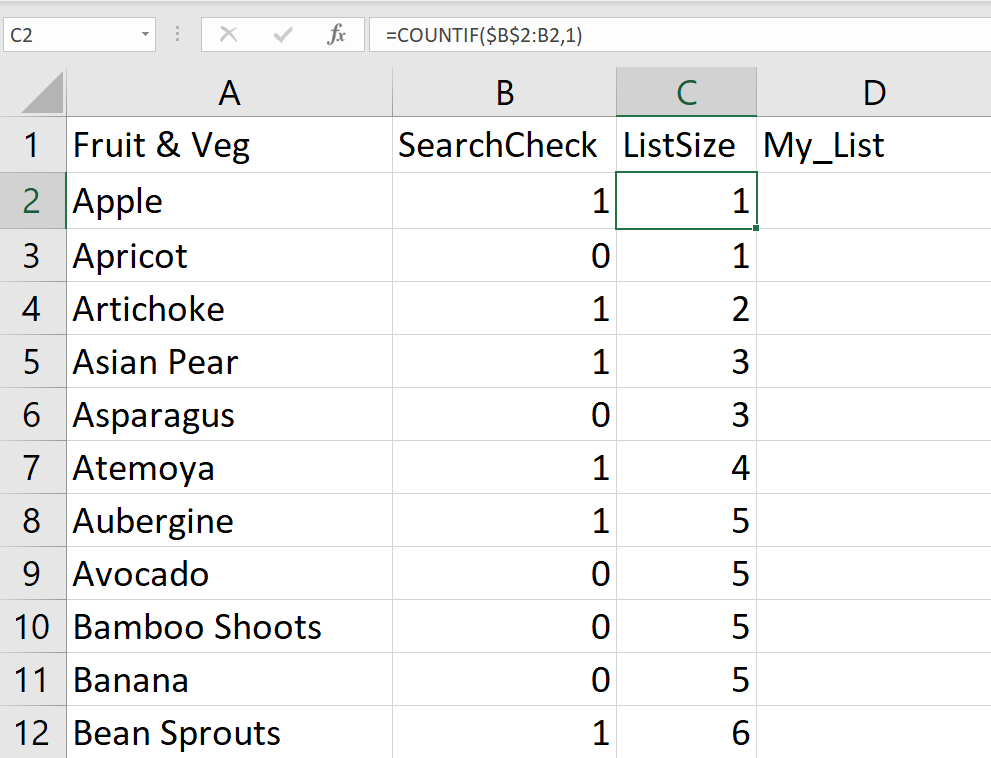 The initial COUNTIF function and results