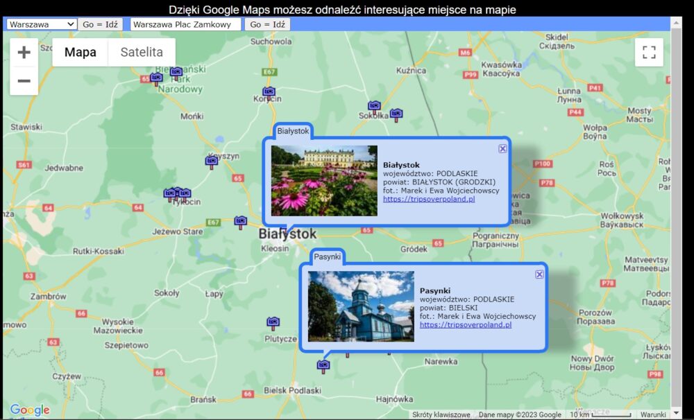 Interaktywna mapa wyszukanych miejsc w Google Maps