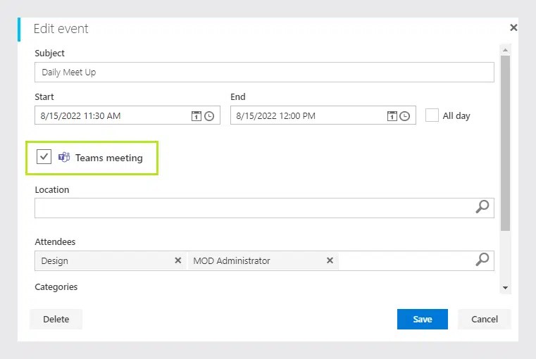 Create Microsoft Teams Meetings from Virto Calendar Events