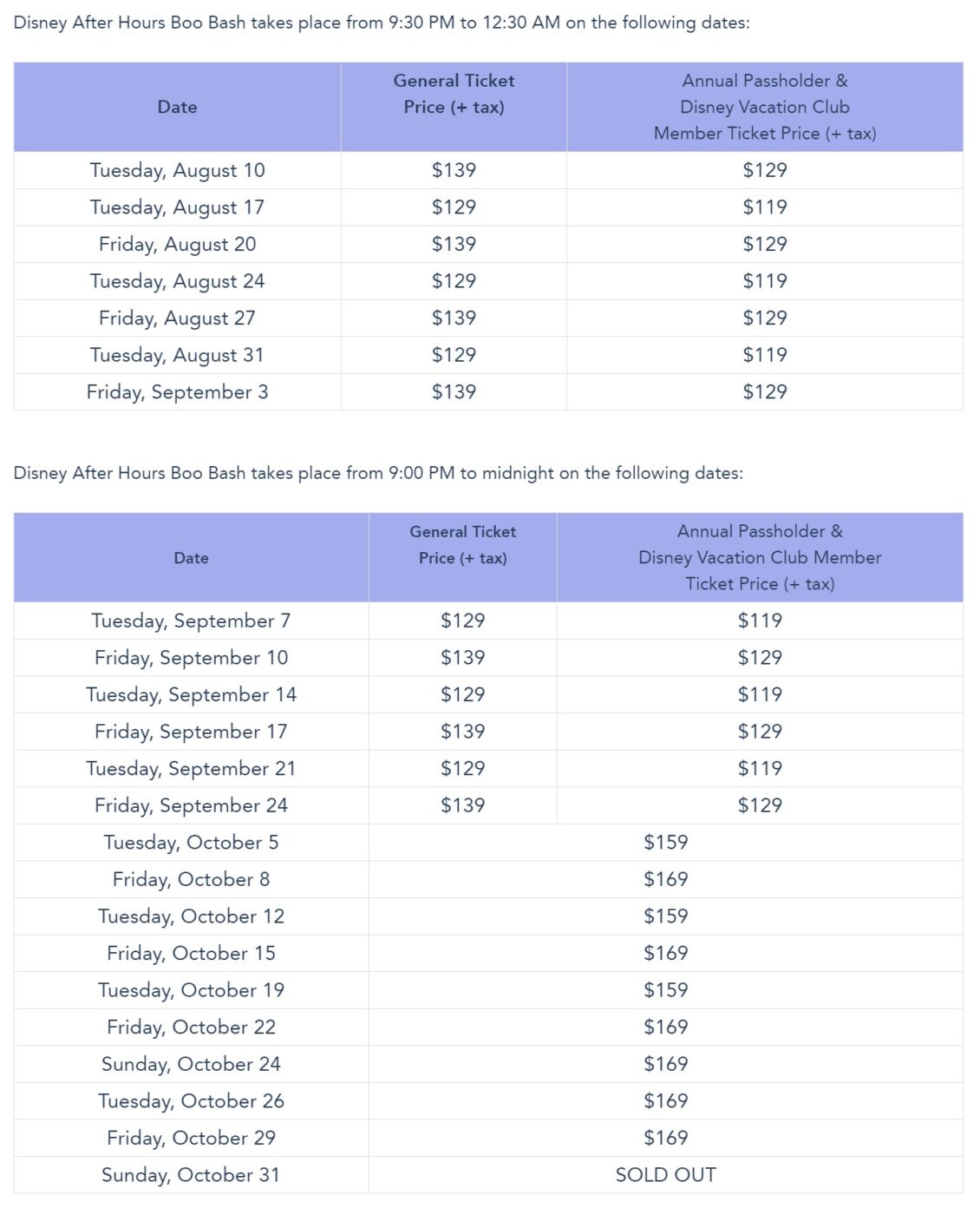 Pricing by Date for Disney After Hours BOO BASH (Including Annual Pass