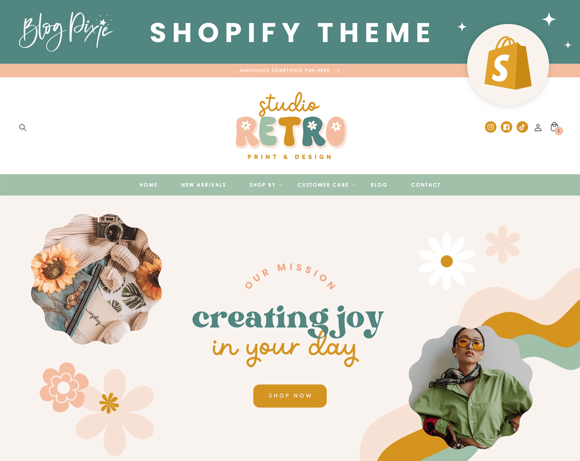 Retro Shopify Theme in a Groovy Flower Design Blog Pixie