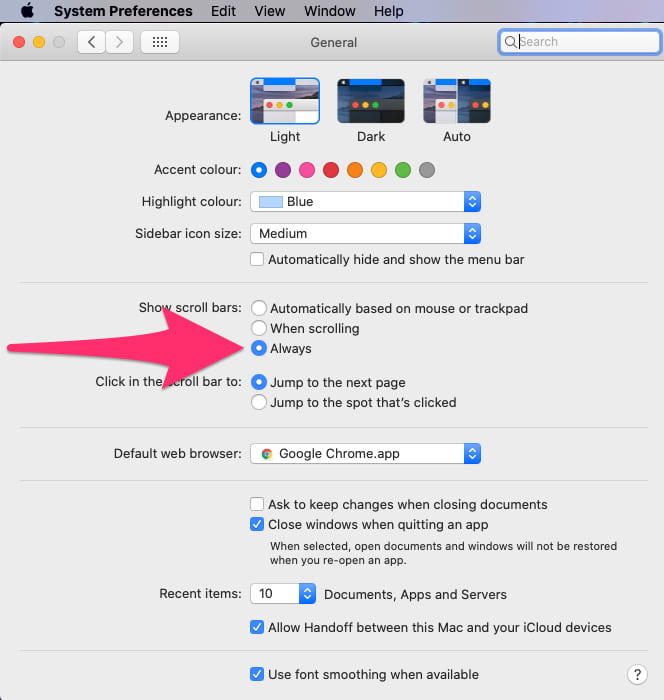 set scrollbars to show always how to