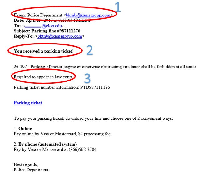 Elon Technology Blog / Parking ticket phishing email