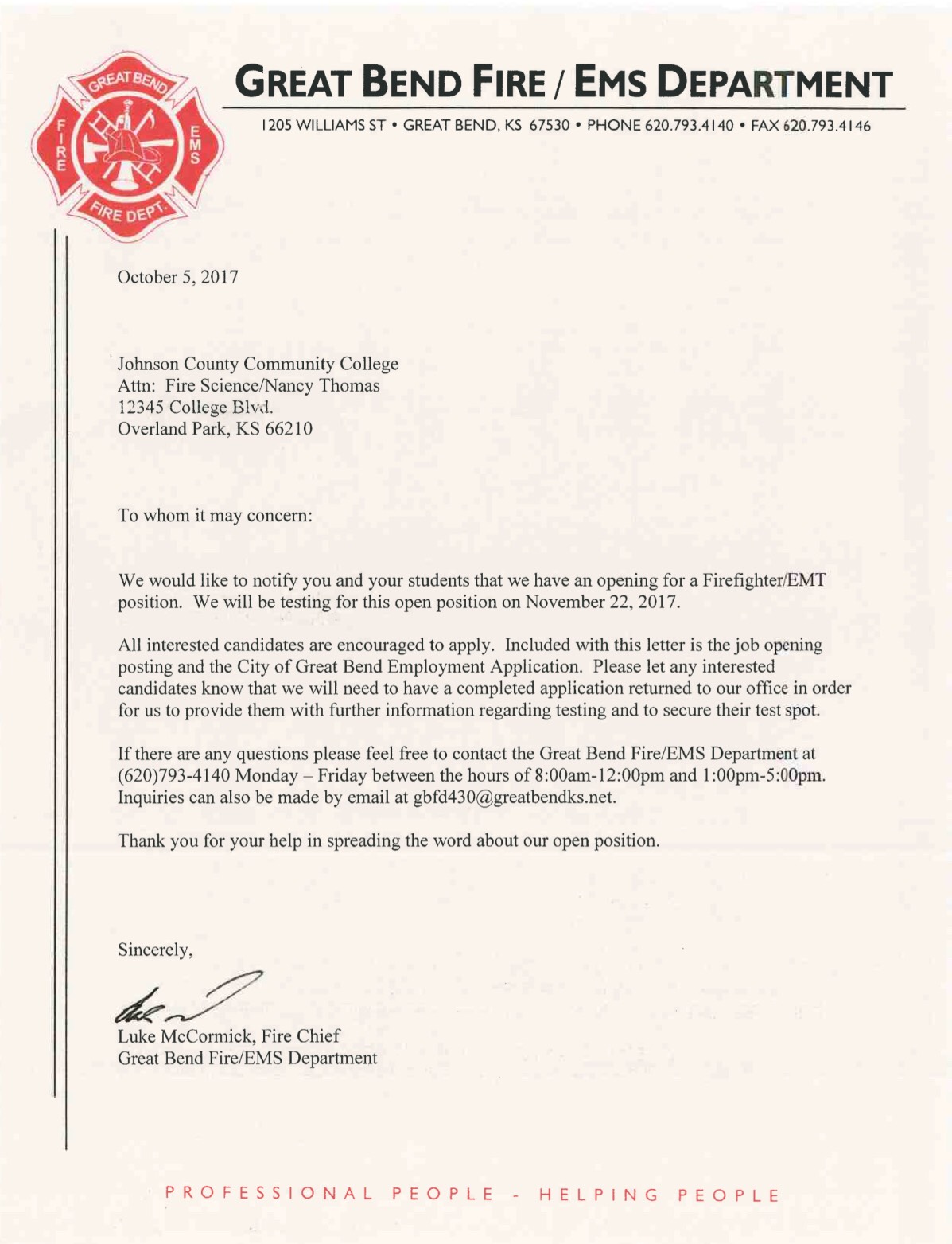 Job Posting Great Bend, KS Fire Department Johnson County Community