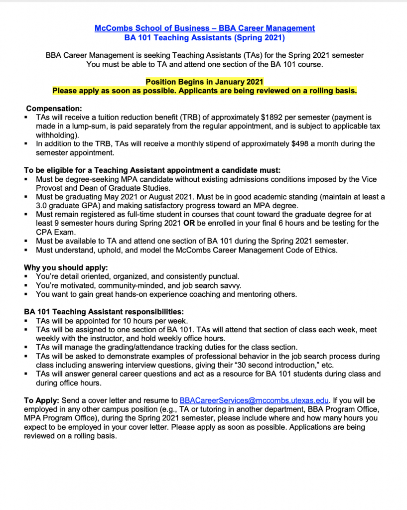 BA 101 Teaching Assistants Needed for Spring 2021 MPA Weekly