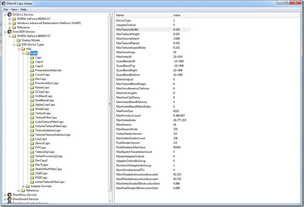 XNA DirectX Capabilities Viewer