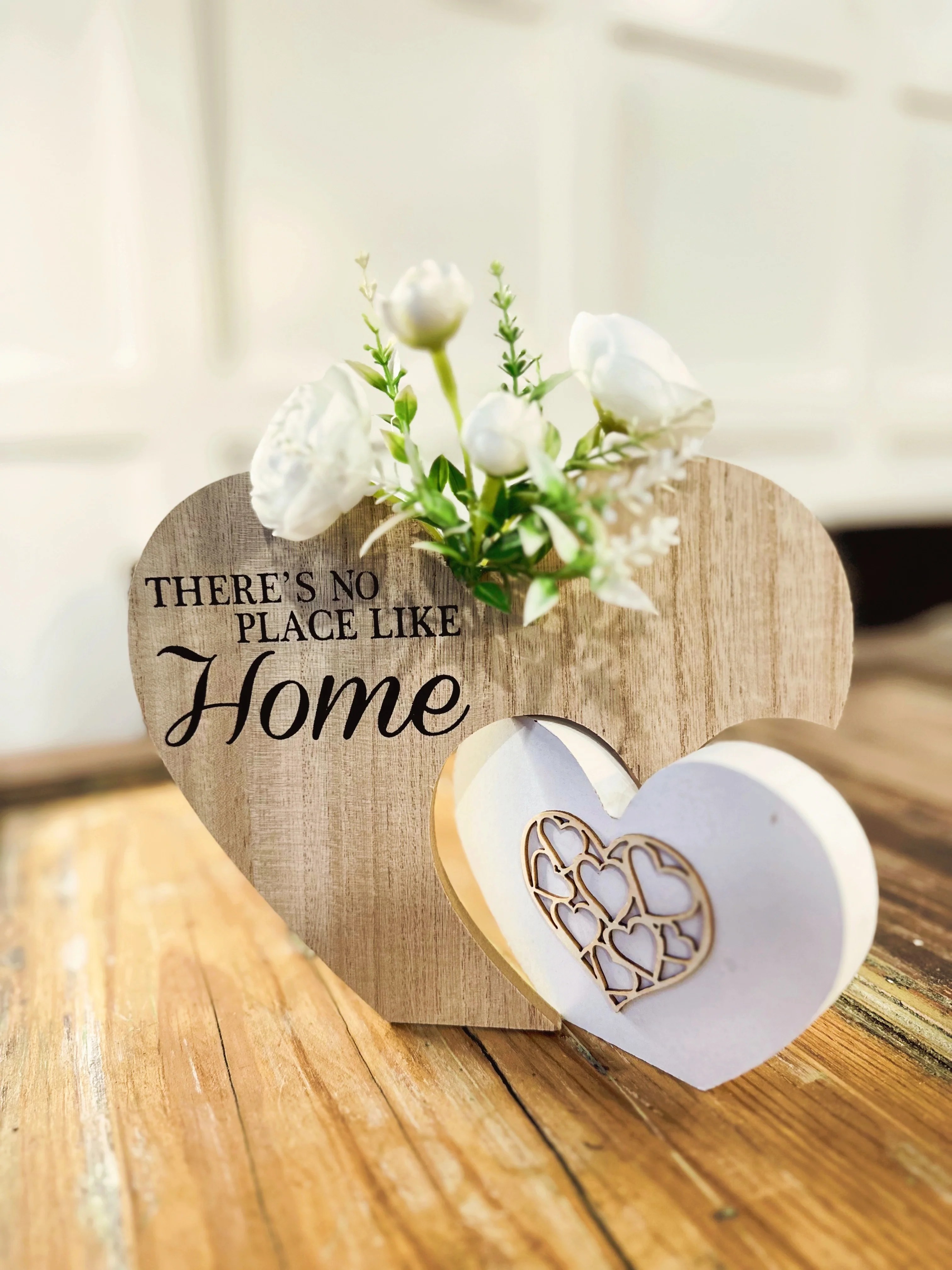 Rustic "There's No Place Like Home" Tabletop Sign with White Spring Fl