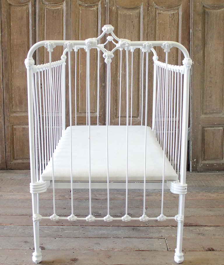 19th Century Painted White Iron Crib Baby Bed bloomhomeinc