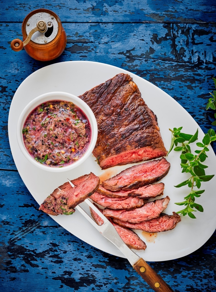 Carmenere Marinated Skirt Steak with Blueberry Chimichurri