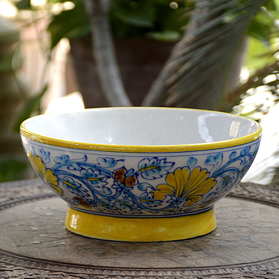 Blue Pottery White Yellow Flower Handmade Bowl 8 Inch