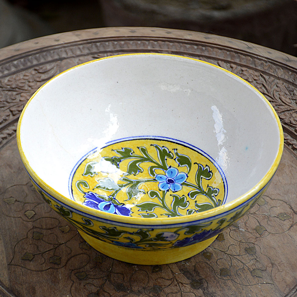 Blue Pottery Yellow Floral Handmade Bowl 8 Inch