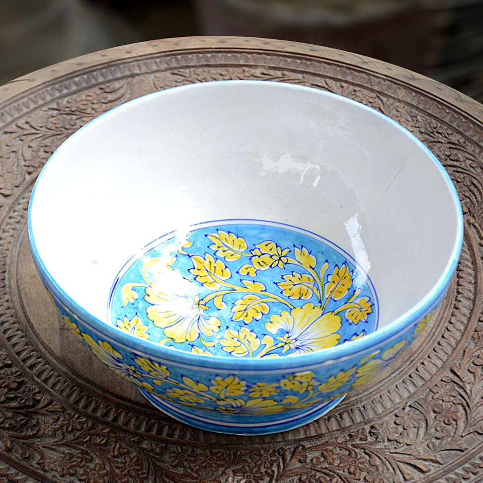 Blue Pottery Turquoise & Yellow Floral Handmade Bowl 8 Inch