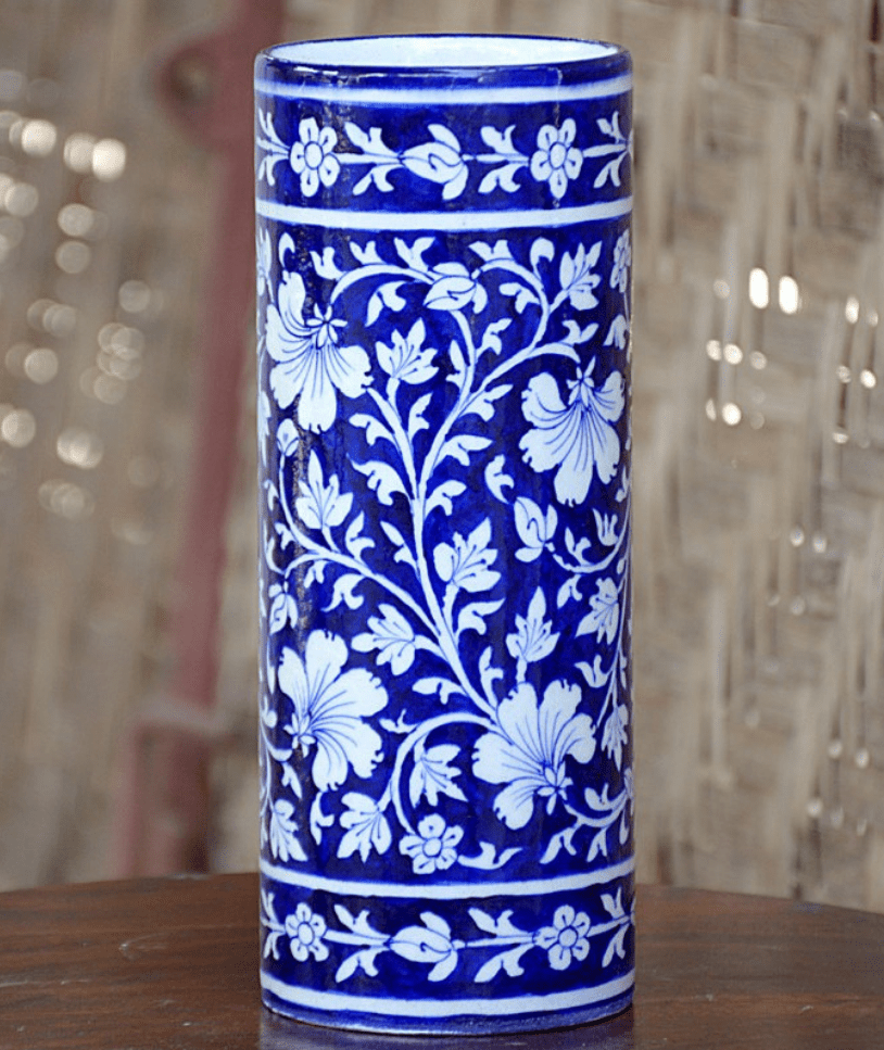 Blue Pottery BLUE Floral Cylinder Flower Vase 8 Inch