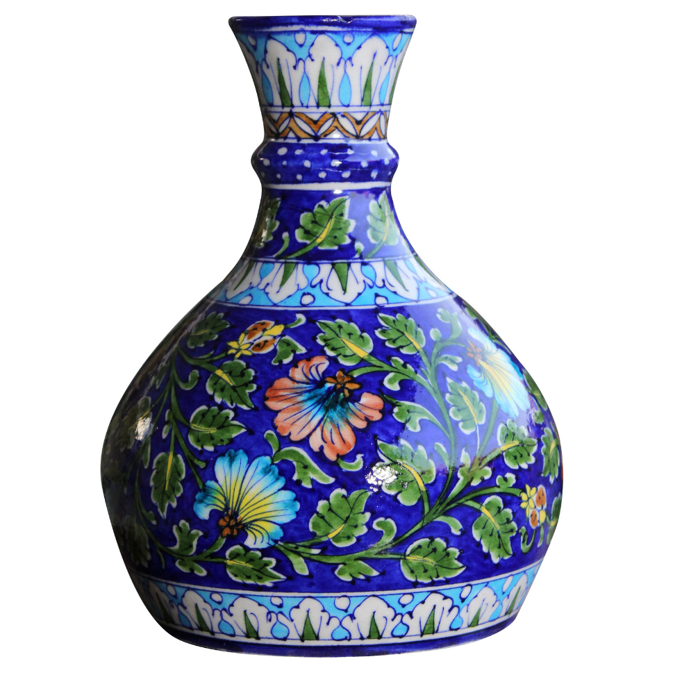 BLUE POTTERY BLUE FLORAL PITCHER VASE 10 Inch