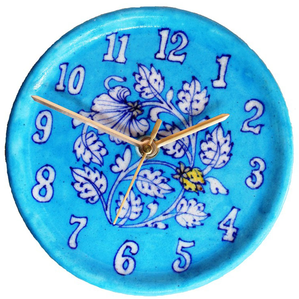 TURQUOISE FLORAL BLUE POTTERY WALL CLOCK Blue Jaipur