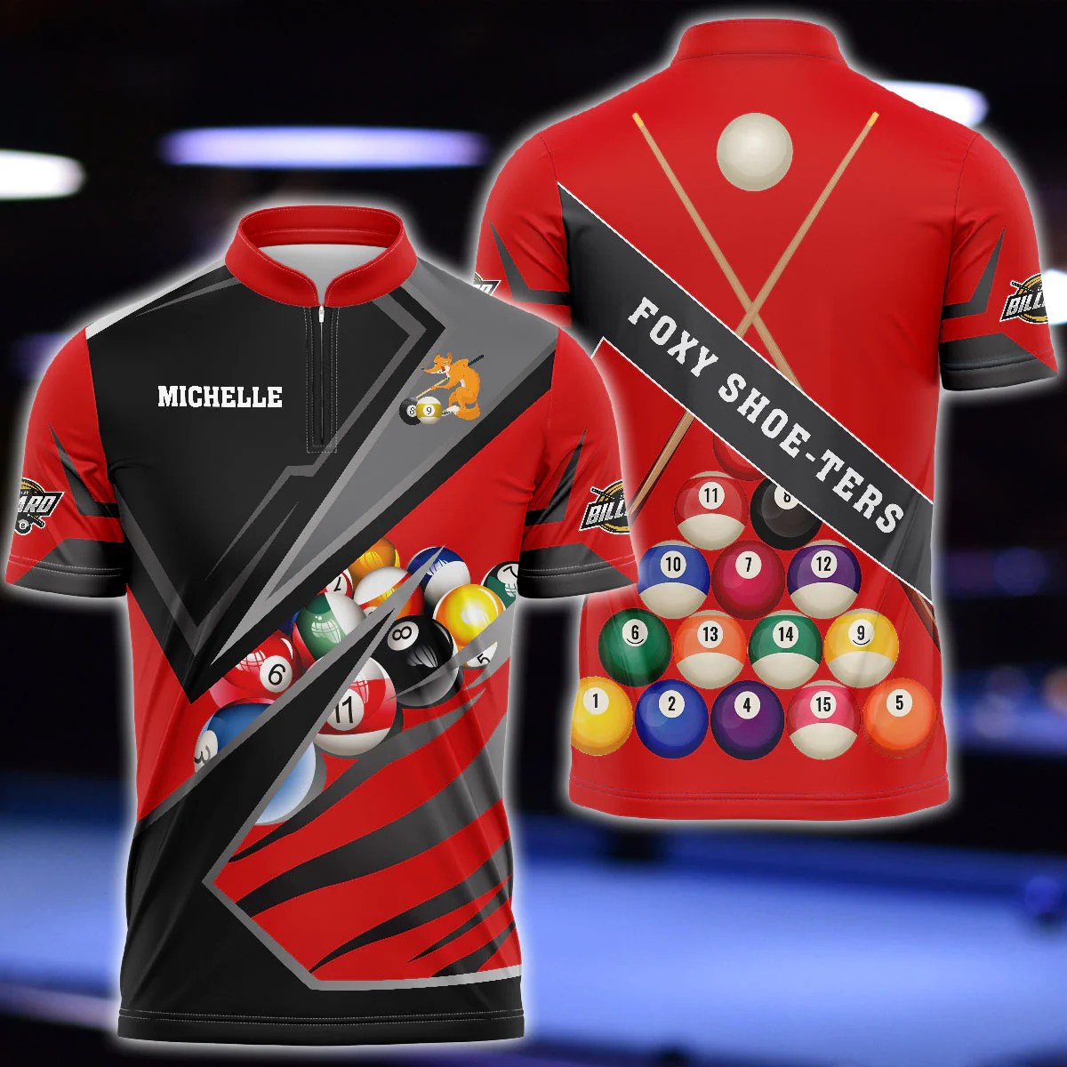 BlueJose Billiards Sport 3 Personalized Name, Team Name Red Unisex Zip