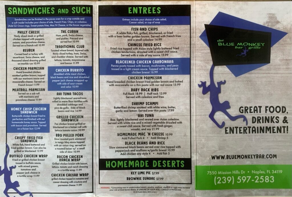 Menu The Blue Monkey Bar and Grille