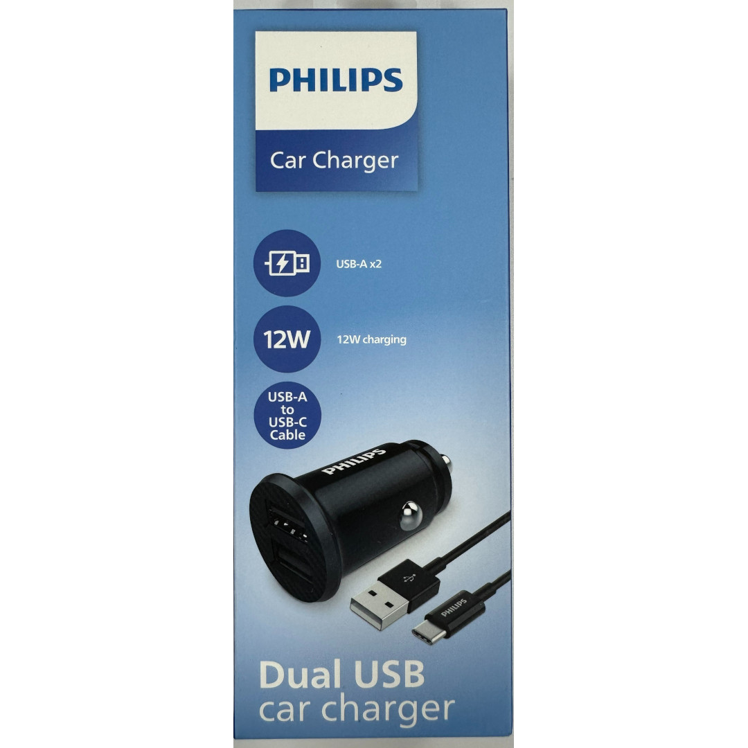 Philips Dual USBA Port Car Charger with USBC Cable (DLP2510T