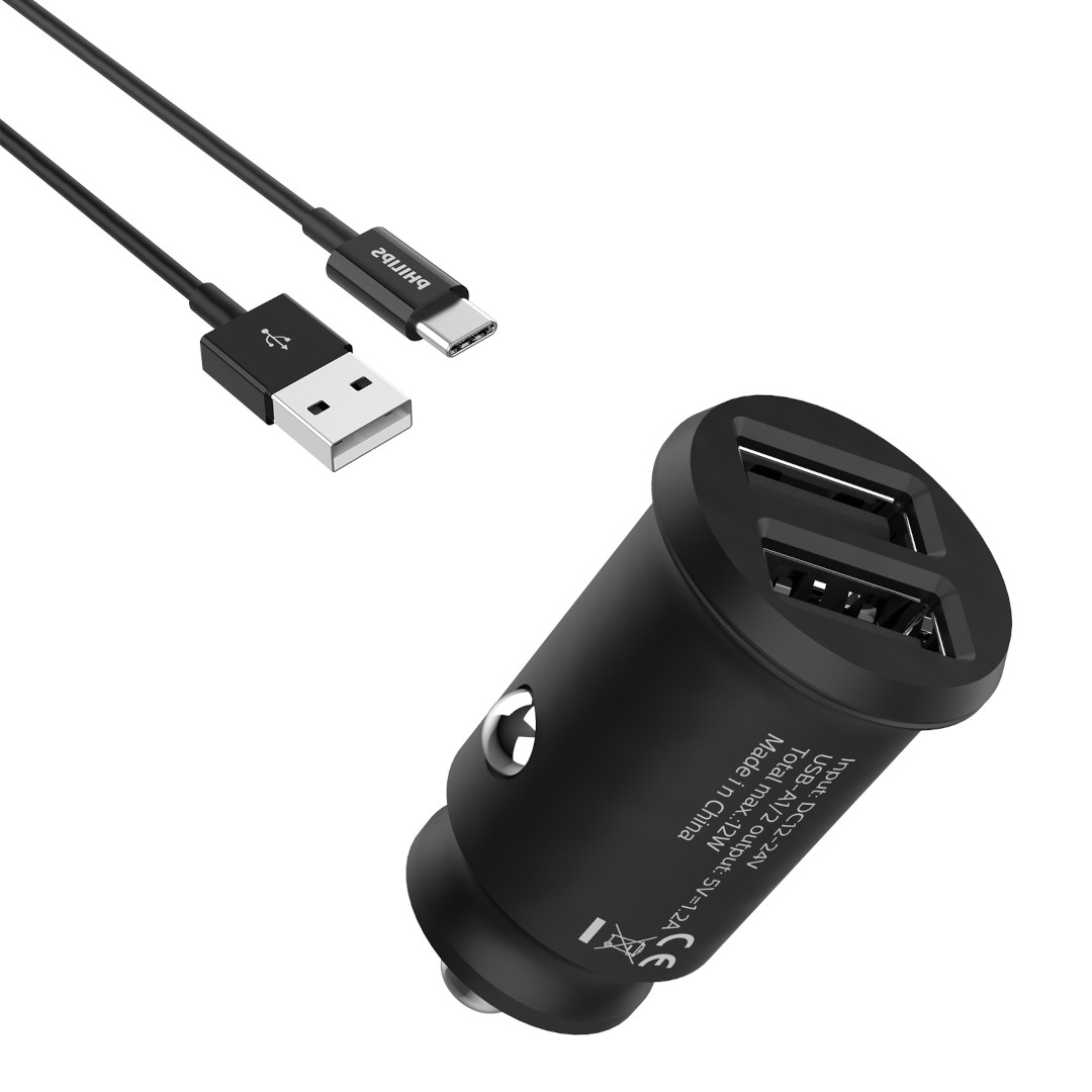 Philips Dual USBA Port Car Charger with USBC Cable (DLP2510T